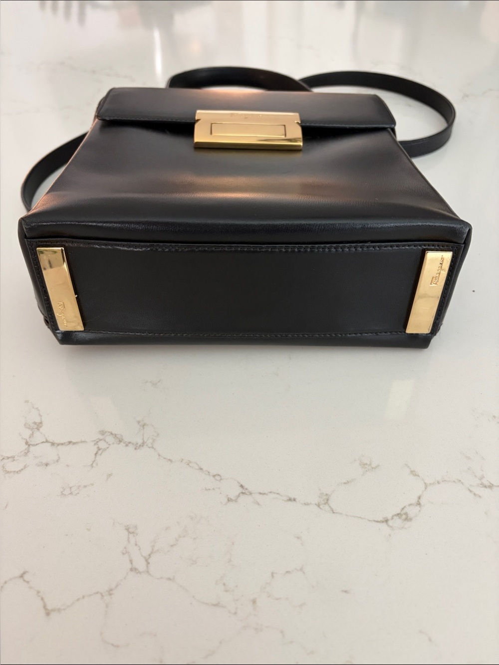 Vintage Ferragamo black Leather Top-Handle Crossbody Bag with Gold Hardware - Picture 3 of 7